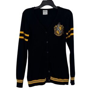 Harry Potter Hufflepuff Small Cardigan Black Yellow Varsity Crest Sweater
